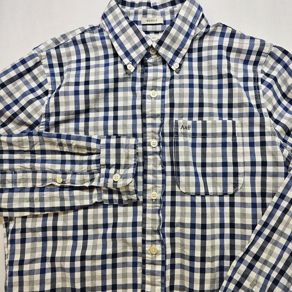 Abercrombie & Fitch Men's S Muscle Fit Plaid Button Down Shirt Blue Gray Cotton